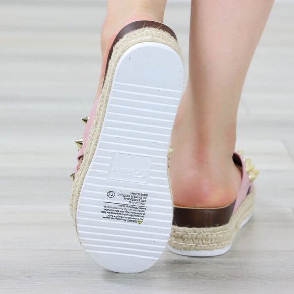Pink Platform Sandals Nubuck Espadrille Heel Gold Metal Stud Slip On Sliders - Picture 9 of 12